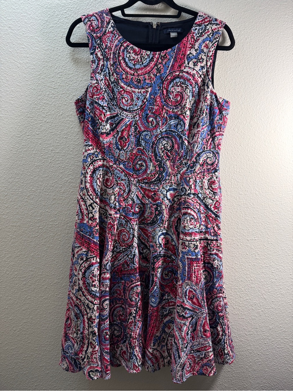 Tommy Hilfiger Paisley Lace Dress Size 10 Fit Flare A Line Sleeveless Pink Blue